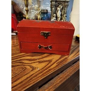 Vintage Wooden Jewelry Box, Hinged Flip Top Lid, 1 Drawer, Red W/ Butterflies